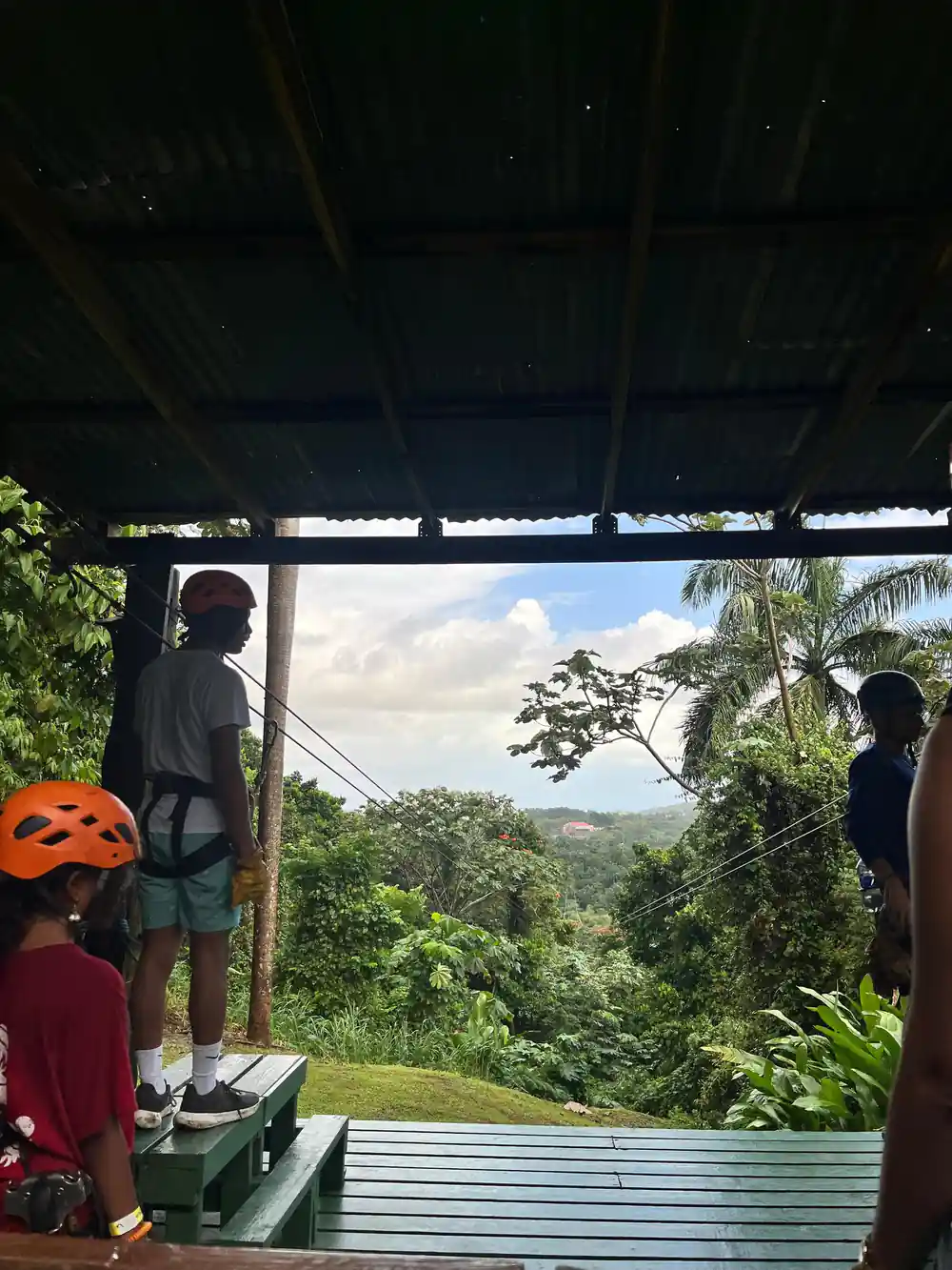 Riders waiting on a platform above the trees